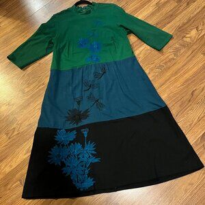 eShakti custom-made - 18W/1x - green/blue/black color-block, a-line midi dress